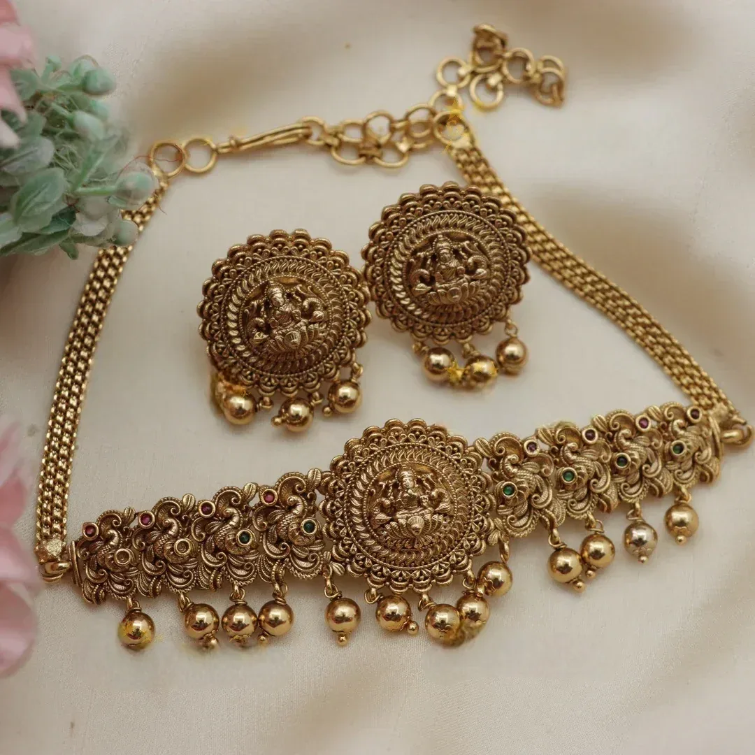 Stunning Lakshmi Peacock Carved High Neck Temple Choker Set
